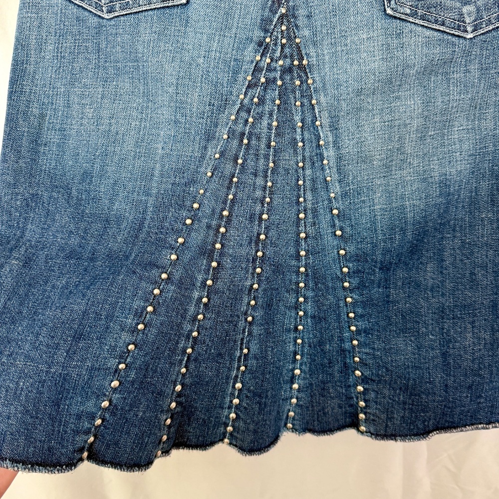 7 For All Mankind Denim Skirt 29 Studded Peacock Raw Hem Y2K Button Fly - Picture 6 of 8